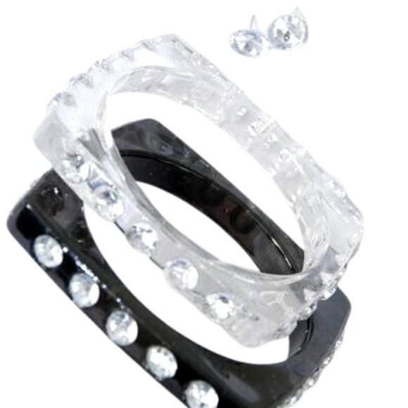 NWT Square Bracelets Bangles & Stud Earrings Sets - Black & Clear - Picture 1 of 2